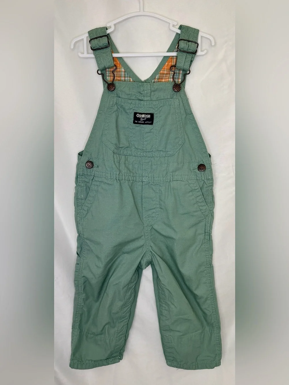 OshKosh B'gosh Green Overalls with Orange Plaid Shirt New Never Worn